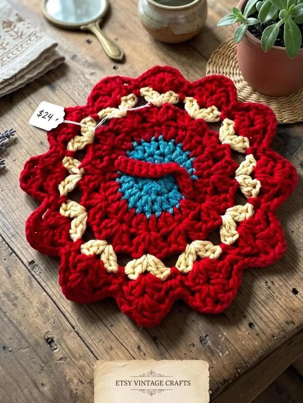 Boho Crochet Doily, Red Cream Turquoise, 10 Inch Table Decor, Retro 1970s Style